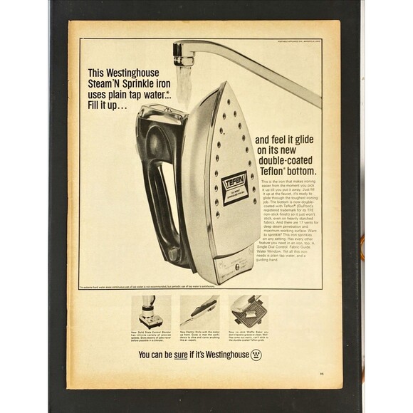 Westinghouse Stream 'N Sprinkle Iron "Uses Tap Water: Teflon Bottom" Vtg Ad 1966 - Picture 3 of 3